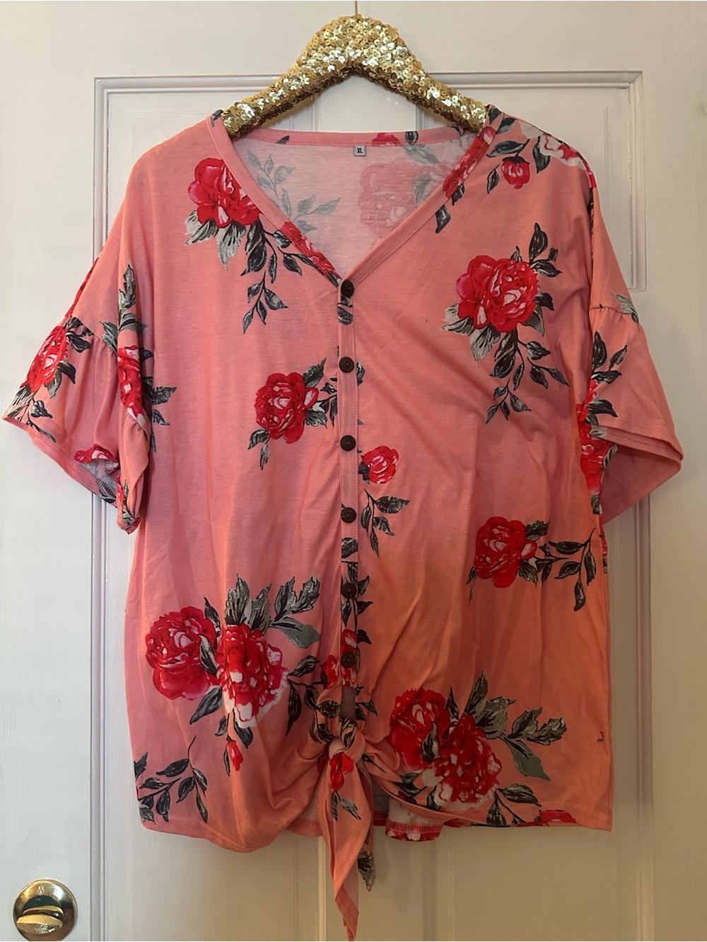 Floral Tie-Front Button V-Neck Top Coral Size XL